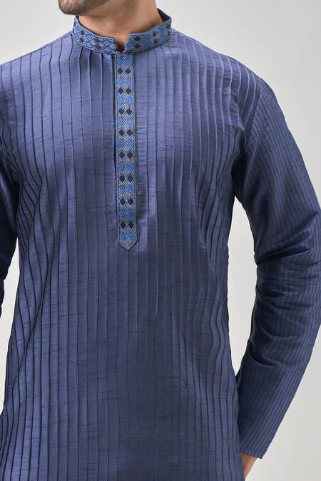 Buy_Arihant Rai Sinha_Blue Silk, Cotton Embroidery Pintucked Kurta Set _Online_at_Aza_Fashions