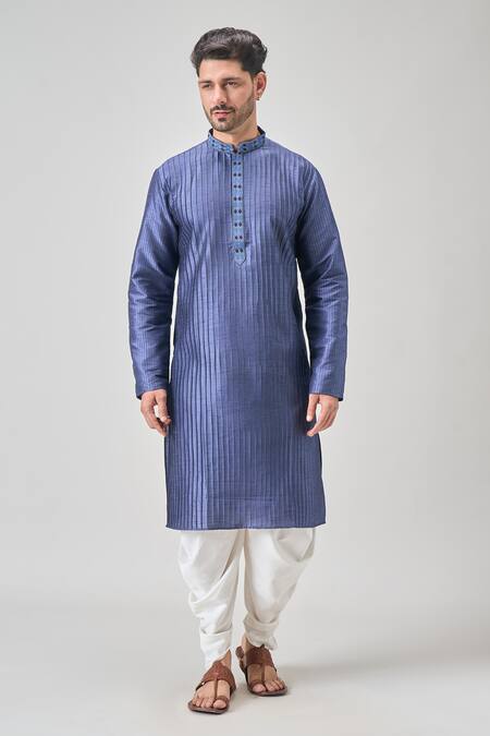 Shop_Arihant Rai Sinha_Blue Silk, Cotton Embroidery Pintucked Kurta Set _Online_at_Aza_Fashions