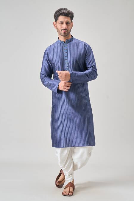 Arihant Rai Sinha_Blue Silk, Cotton Embroidery Pintucked Kurta Set _at_Aza_Fashions