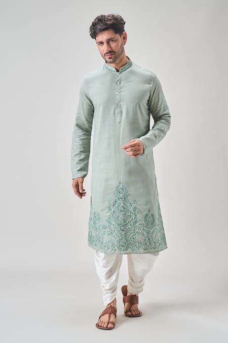 Buy_Arihant Rai Sinha_Green Linen, Cotton Mirrors, Embroidery Floral Kurta And Patiala Set _Online_at_Aza_Fashions