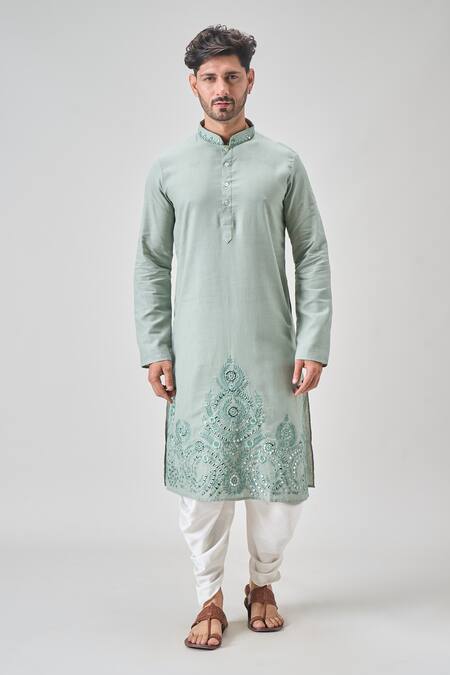 Shop_Arihant Rai Sinha_Green Linen, Cotton Mirrors, Embroidery Floral Kurta And Patiala Set _Online_at_Aza_Fashions