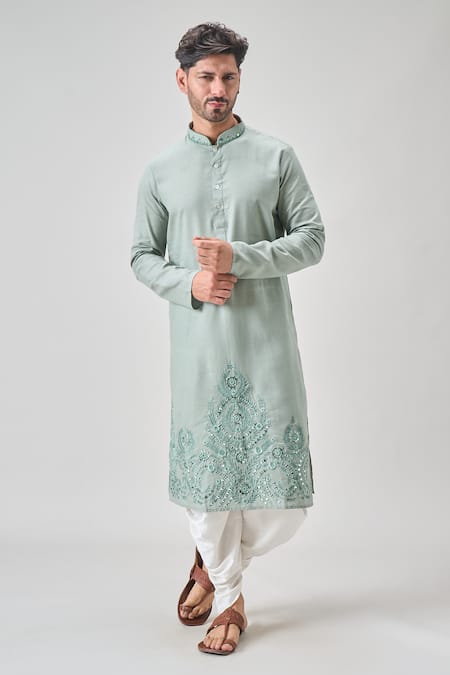 Arihant Rai Sinha_Green Linen, Cotton Mirrors, Embroidery Floral Kurta And Patiala Set _at_Aza_Fashions
