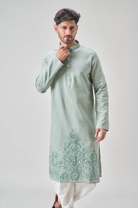 Buy_Arihant Rai Sinha_Green Linen, Cotton Mirrors, Embroidery Floral Kurta And Patiala Set 