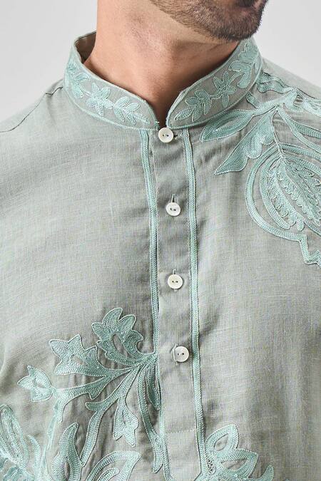 Arihant Rai Sinha Green Linen, Cotton Embroidery Floral Kurta Set Online at Aza Fashions Arihant Rai Sinha_Green Linen, Cotton Embroidery Floral Kurta Set _Online_at_Aza_Fashions