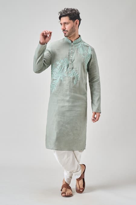 Shop Arihant Rai Sinha Green Linen, Cotton Embroidery Floral Kurta Set Online at Aza Fashions Shop_Arihant Rai Sinha_Green Linen, Cotton Embroidery Floral Kurta Set _Online_at_Aza_Fashions
