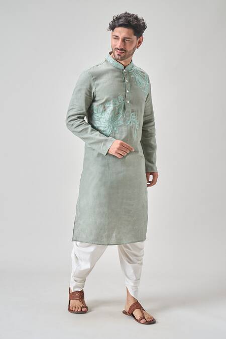 Arihant Rai Sinha Green Linen, Cotton Embroidery Floral Kurta Set at Aza Fashions Arihant Rai Sinha_Green Linen, Cotton Embroidery Floral Kurta Set _at_Aza_Fashions