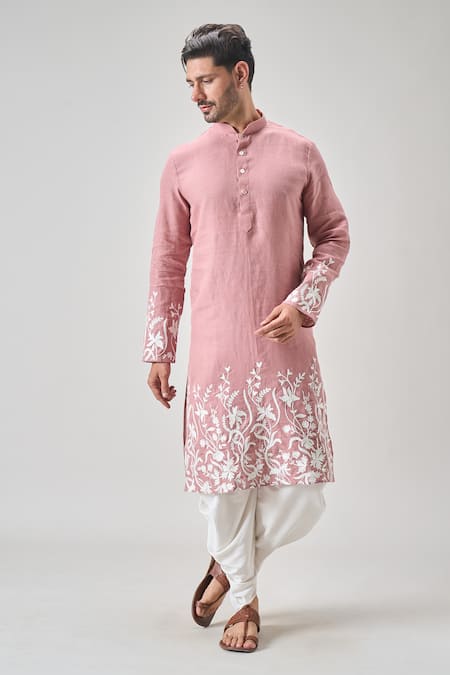 Arihant Rai Sinha Peach Linen, Cotton Embroidery Floral Vine Kurta Set Online at Aza Fashions Arihant Rai Sinha_Peach Linen, Cotton Embroidery Floral Vine Kurta Set _Online_at_Aza_Fashions