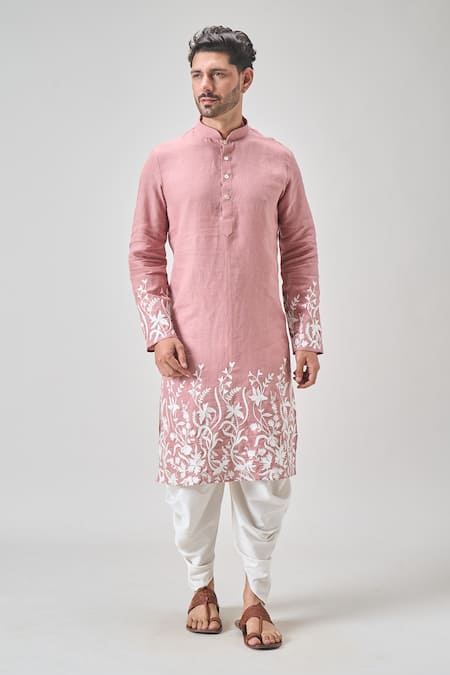 Shop Arihant Rai Sinha Peach Linen, Cotton Embroidery Floral Vine Kurta Set Online at Aza Fashions Shop_Arihant Rai Sinha_Peach Linen, Cotton Embroidery Floral Vine Kurta Set _Online_at_Aza_Fashions