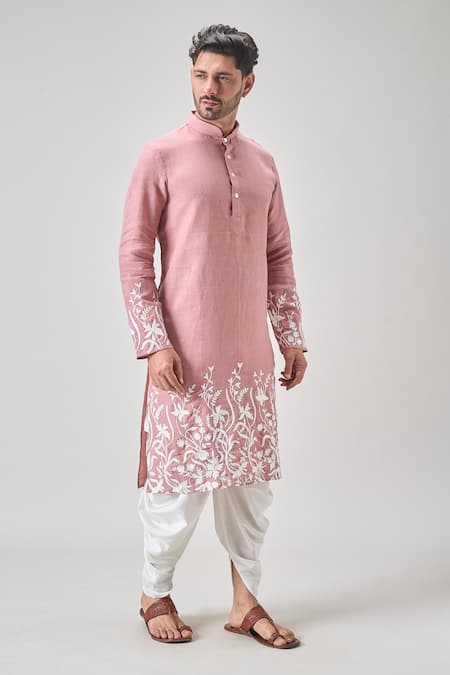 Arihant Rai Sinha Peach Linen, Cotton Embroidery Floral Vine Kurta Set at Aza Fashions Arihant Rai Sinha_Peach Linen, Cotton Embroidery Floral Vine Kurta Set _at_Aza_Fashions