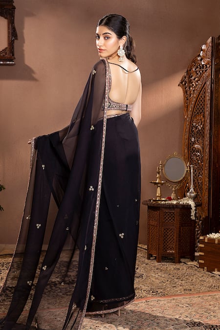 Shop Krishna Padia Black Organza, Muslin Embroidery Square Neck Floral Saree Set at Aza Fashions Shop_Krishna Padia_Black Organza, Muslin Embroidery Square Neck Floral Saree Set _at_Aza_Fashions