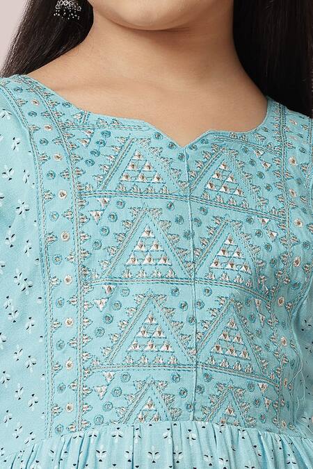 Petite Pomme_Blue Rayon Embroidery Thread Anarkali And Trouser Set _at_Aza_Fashions