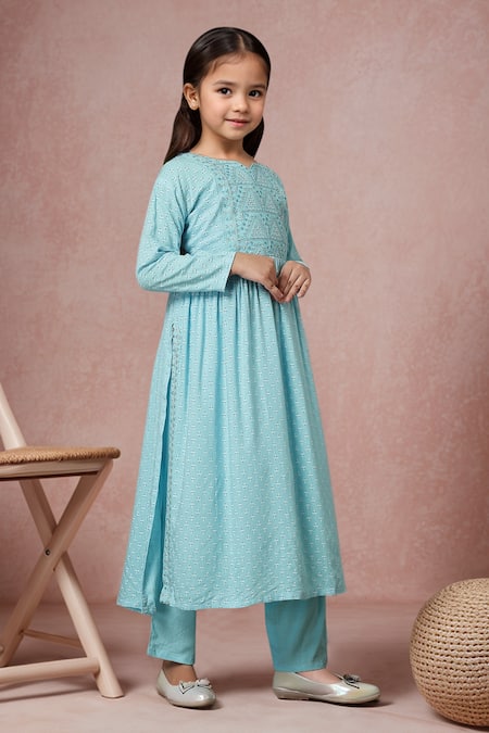 Buy_Petite Pomme_Blue Rayon Embroidery Thread Anarkali And Trouser Set 