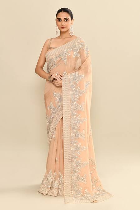 Buy_Kalighata_Peach Organza Cut Work, Sequins, Embroidery Round Neck Cutdana Floral Saree Set _Online_at_Aza_Fashions