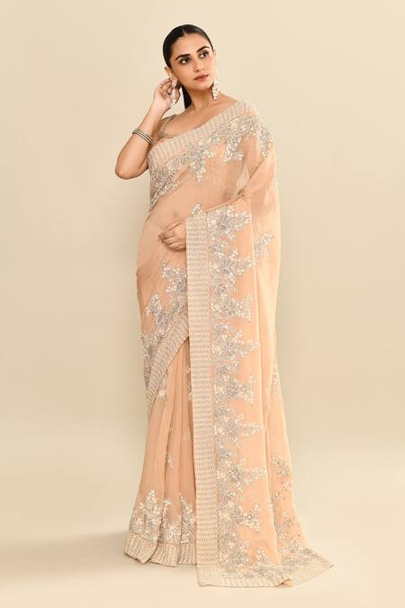 Shop_Kalighata_Peach Organza Cut Work, Sequins, Embroidery Round Neck Cutdana Floral Saree Set _Online_at_Aza_Fashions