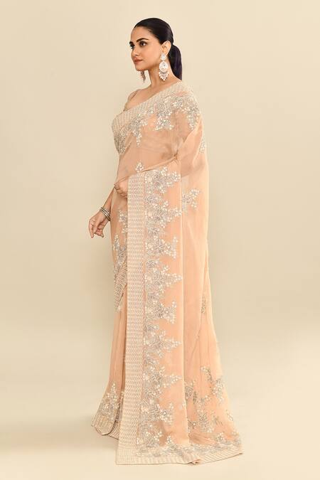 Kalighata_Peach Organza Cut Work, Sequins, Embroidery Round Neck Cutdana Floral Saree Set _at_Aza_Fashions