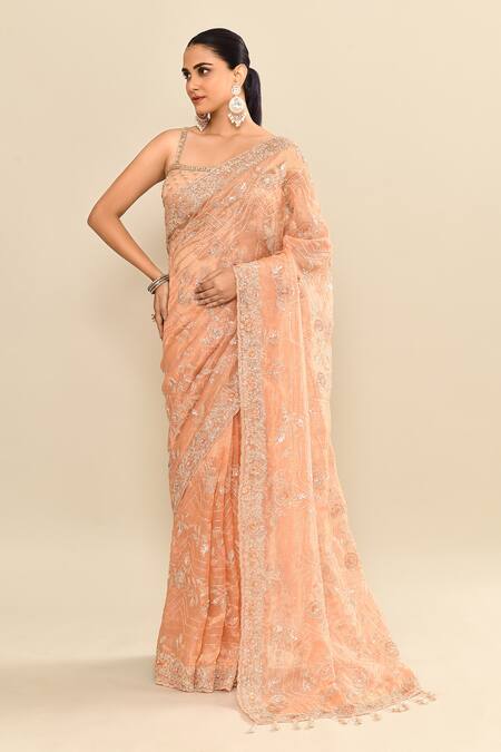 Buy_Kalighata_Peach Tissue Embroidery, Sequins, Cut Work Round Neck Floral Saree _Online_at_Aza_Fashions