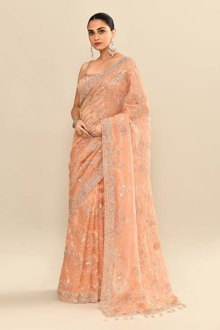 Shop_Kalighata_Peach Tissue Embroidery, Sequins, Cut Work Round Neck Floral Saree _Online_at_Aza_Fashions
