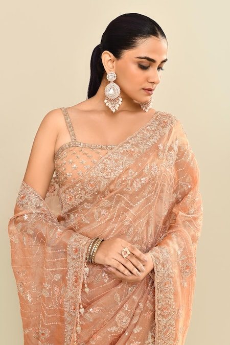 Buy_Kalighata_Peach Tissue Embroidery, Sequins, Cut Work Round Neck Floral Saree 