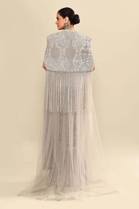 Kalighata Grey Hand Embroidered Pre-Draped Saree Set 