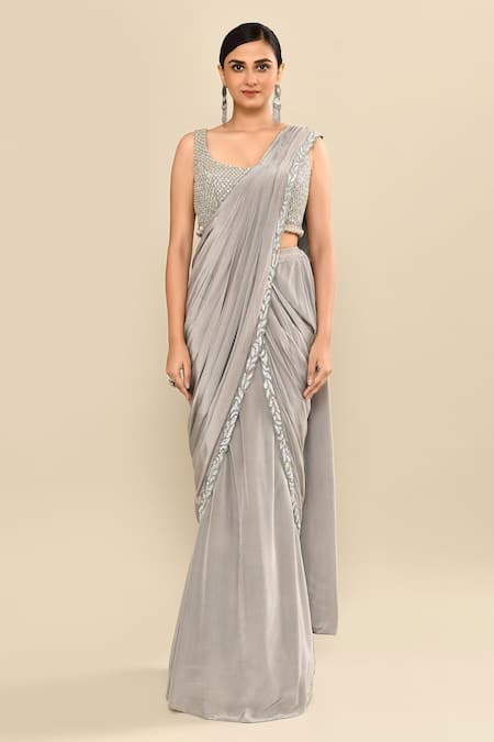 Kalighata_Gray Silk Cut Work, Embroidery, Sequins Scoop Grey Hand Pre-draped Saree Set _Online_at_Aza_Fashions
