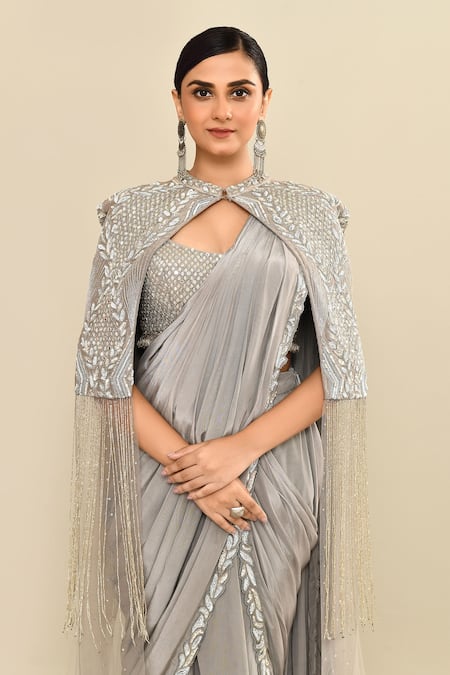 Kalighata_Gray Silk Cut Work, Embroidery, Sequins Scoop Grey Hand Pre-draped Saree Set _at_Aza_Fashions