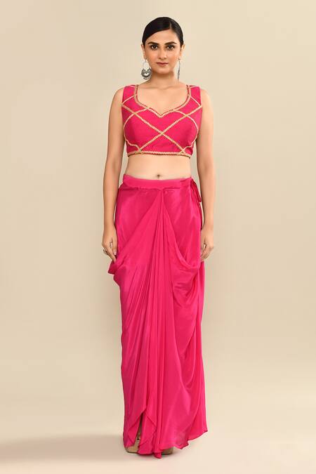 Buy_Kalighata_Pink Organza Embroidery Open Neck, Polo Collar Jacket Skirt Set _Online_at_Aza_Fashions