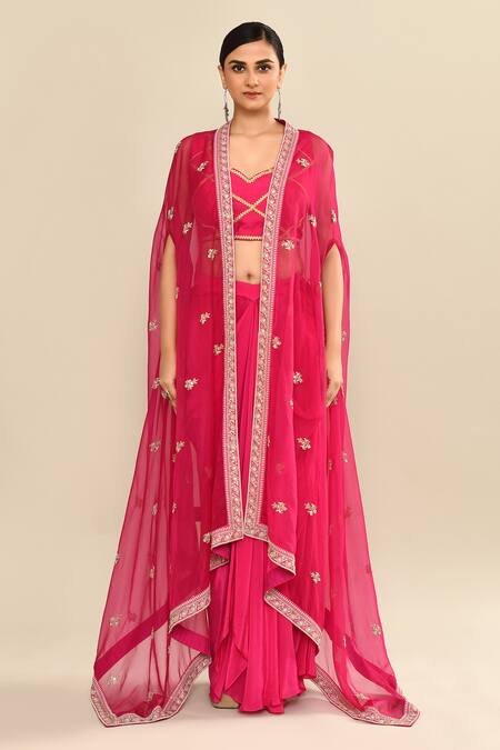 Shop_Kalighata_Pink Organza Embroidery Open Neck, Polo Collar Jacket Skirt Set _Online_at_Aza_Fashions
