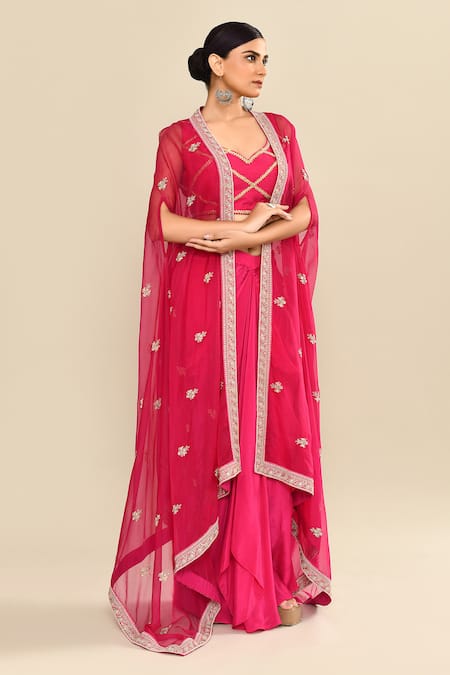 Kalighata_Pink Organza Embroidery Open Neck, Polo Collar Jacket Skirt Set _at_Aza_Fashions