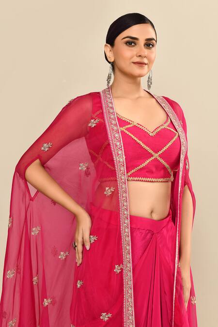 Buy_Kalighata_Pink Organza Embroidery Open Neck, Polo Collar Jacket Skirt Set 