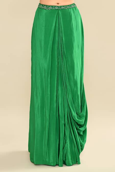 Kalighata_Green Silk Beads, Embroidery, Sequins Round Neck, Open Bottle Jacket Skirt Set _Online_at_Aza_Fashions