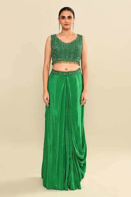 Buy_Kalighata_Green Silk Beads, Embroidery, Sequins Round Neck, Open Bottle Jacket Skirt Set _Online_at_Aza_Fashions