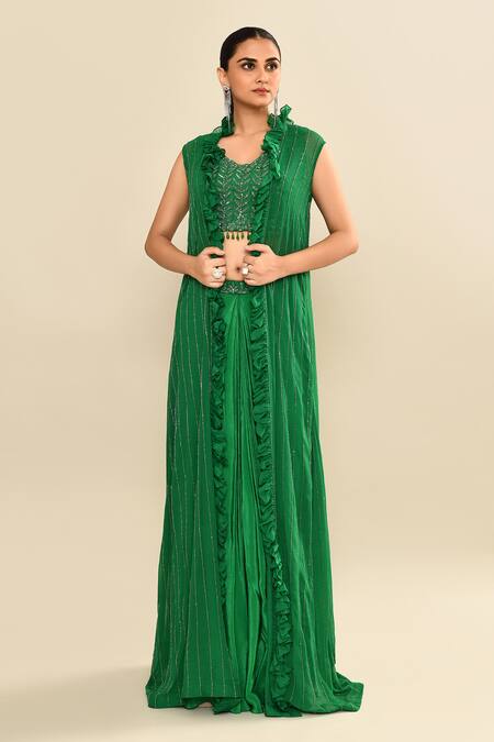 Shop_Kalighata_Green Silk Beads, Embroidery, Sequins Round Neck, Open Bottle Jacket Skirt Set _Online_at_Aza_Fashions