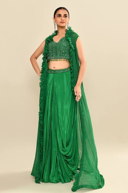 Kalighata_Green Silk Beads, Embroidery, Sequins Round Neck, Open Bottle Jacket Skirt Set _at_Aza_Fashions