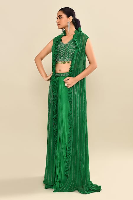 Buy_Kalighata_Green Silk Beads, Embroidery, Sequins Round Neck, Open Bottle Jacket Skirt Set 