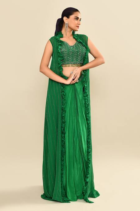 Shop Kalighata Green Silk Beads, Embroidery, Sequins Round Neck, Open Bottle Jacket Skirt Set Shop_Kalighata_Green Silk Beads, Embroidery, Sequins Round Neck, Open Bottle Jacket Skirt Set