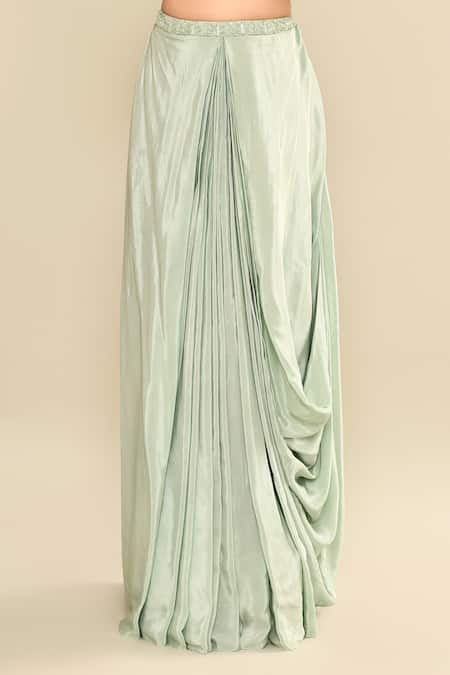 Kalighata_Aqua Silk Sequins, Embroidery Scoop , Open Floral Jacket Skirt Set _Online_at_Aza_Fashions