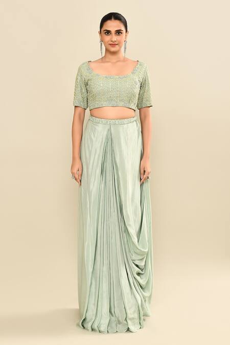 Buy_Kalighata_Aqua Silk Sequins, Embroidery Scoop , Open Floral Jacket Skirt Set _Online_at_Aza_Fashions