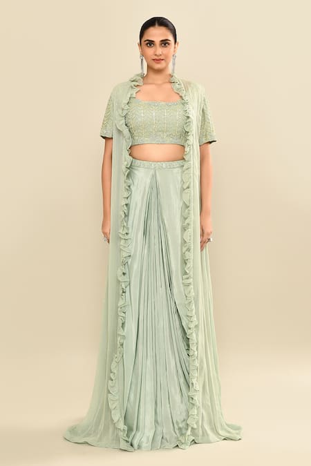 Shop_Kalighata_Aqua Silk Sequins, Embroidery Scoop , Open Floral Jacket Skirt Set _Online_at_Aza_Fashions