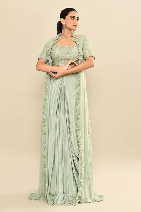 Kalighata_Aqua Silk Sequins, Embroidery Scoop , Open Floral Jacket Skirt Set _at_Aza_Fashions