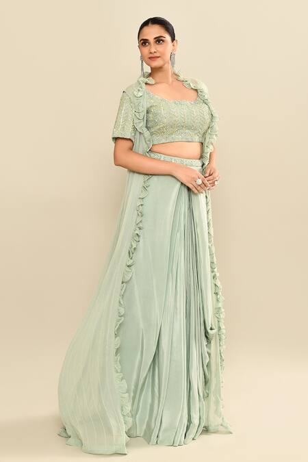 Shop_Kalighata_Aqua Silk Sequins, Embroidery Scoop , Open Floral Jacket Skirt Set 