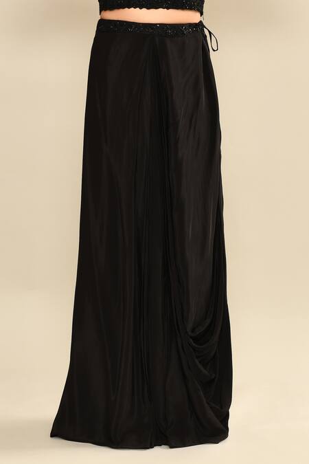 Kalighata_Black Silk Sequins, Embroidery Scoop , Open Jacket Skirt Set _Online_at_Aza_Fashions