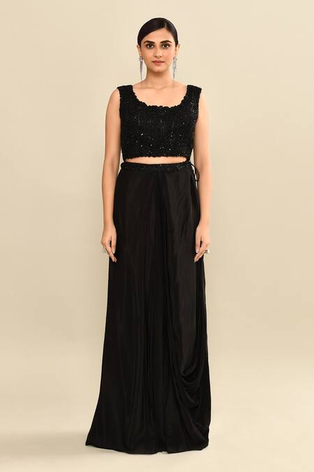 Buy_Kalighata_Black Silk Sequins, Embroidery Scoop , Open Jacket Skirt Set _Online_at_Aza_Fashions