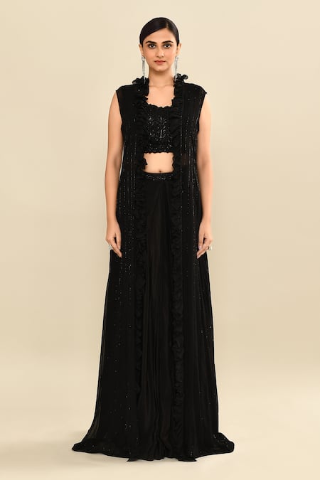 Shop_Kalighata_Black Silk Sequins, Embroidery Scoop , Open Jacket Skirt Set _Online_at_Aza_Fashions