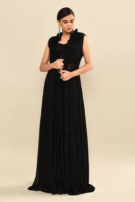 Kalighata_Black Silk Sequins, Embroidery Scoop , Open Jacket Skirt Set _at_Aza_Fashions