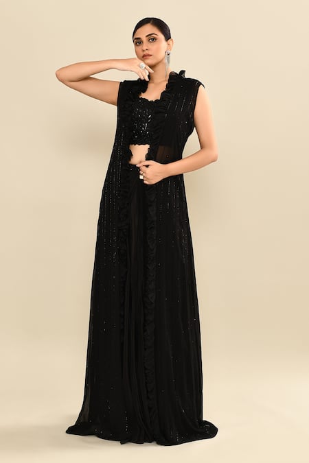 Buy_Kalighata_Black Silk Sequins, Embroidery Scoop , Open Jacket Skirt Set 