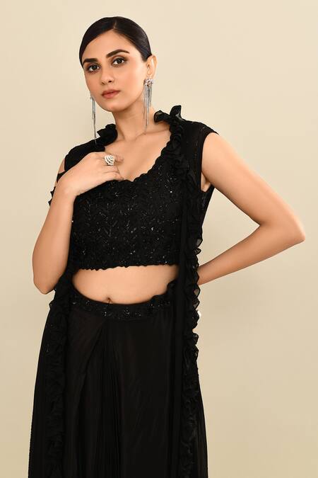 Shop_Kalighata_Black Silk Sequins, Embroidery Scoop , Open Jacket Skirt Set 