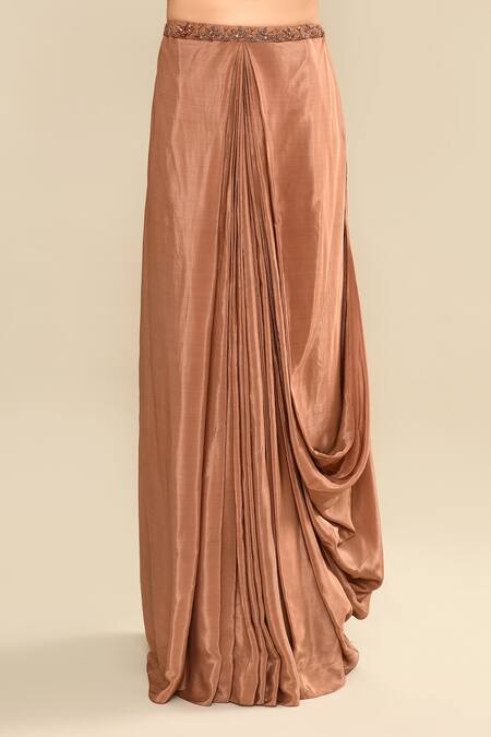 Kalighata_Brown Silk Sequins, Embroidery Scoop , Open Jacket Skirt Set _Online_at_Aza_Fashions