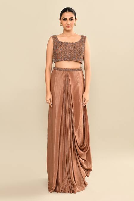 Buy_Kalighata_Brown Silk Sequins, Embroidery Scoop , Open Jacket Skirt Set _Online_at_Aza_Fashions