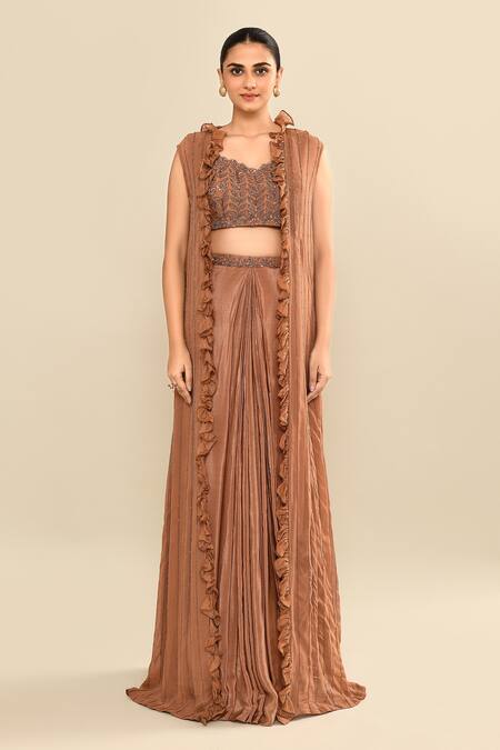 Shop_Kalighata_Brown Silk Sequins, Embroidery Scoop , Open Jacket Skirt Set _Online_at_Aza_Fashions