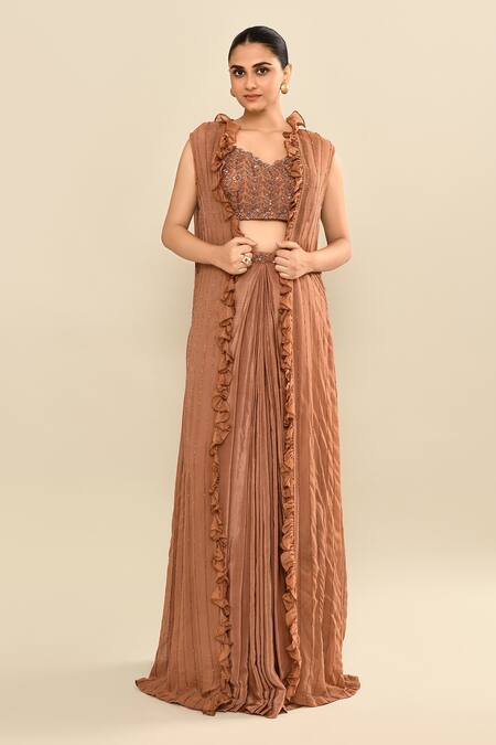 Kalighata_Brown Silk Sequins, Embroidery Scoop , Open Jacket Skirt Set _at_Aza_Fashions